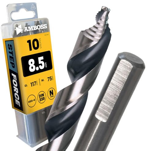 AMBOSS WERKZEUGE® Lot de 10 forets hélicoïdaux Step Force Ø 8,5 mm – HSS-G DIN 338 pour acier, acier doux, aluminium, métaux non ferreux AMBOSS WERKZEUGE® Forets à tôle hexagonales pour perceuse,