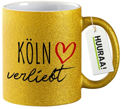Huuraa Glitzer Kaffeetasse Köln verliebt Geschenk 330ml Gold Köln Geschenkidee