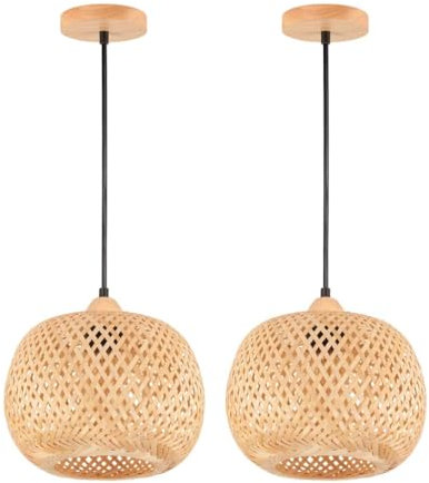 Lot de 2 Bambou Suspension Vintage, Lustre Salon Cage en Bambou Tressé, Bois E27 Lampe de Plafond Plafonnier de Déco pour Chambre Salle à Manger Cuisine, 25CM
