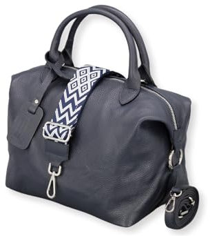 ADEL Handtasche Damen Echtleder BIANCA Handgemachte Umhängetasche Crossbody Bag mit Ledergurt + Breitem Gemustertem Riemen 3 Fächer Stylische Schultertasche Made in Italy (Navyblau)