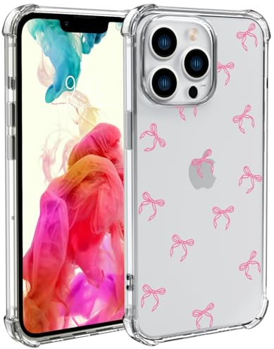 Wihytec Pink Bow Phone Case for iPhone 15 PRO MAX Pink Bow Bowknot Case Cover Clear Phone Case with Four Corner Reinforced Shockproof Girly Women Phone Cover Transparent