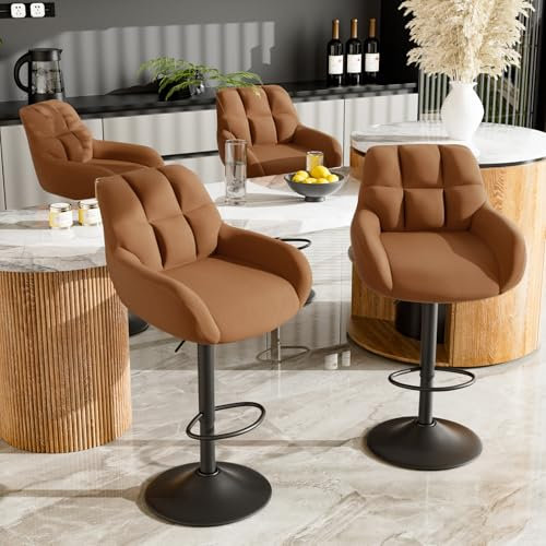 Hawthyhome Barhocker 4er Set Barstühle Höhenverstellbar mit Armlehne&Rückenlehne 360° Drehstuhl PU-Leder Küchenstühle mit Fußstütze für die Küche/Wohnzimmer/Bar/Esszimmer Braun