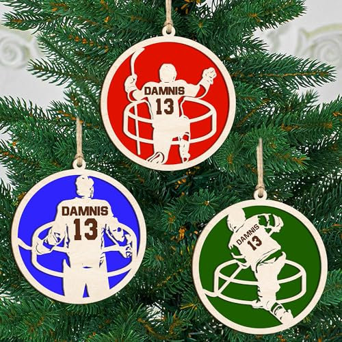 Personalisierte Eishockey-Ornamente, Weihnachtsbaumdekoration, individueller Hockey-Name und -nummer, Holzornamente, hängende Baumspieler-Ornamente, Andenken, Geschenke, Sport-Ornament Weihnachten