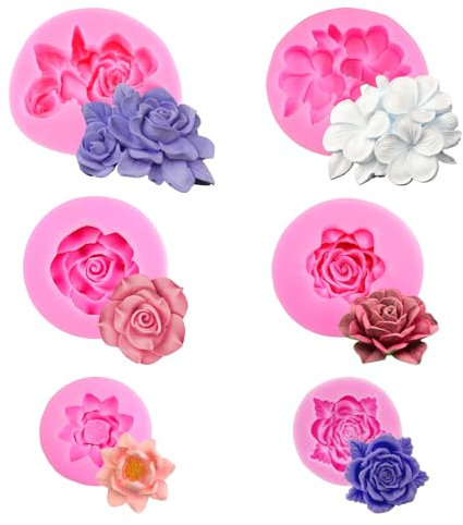 YIIWONI 6 Stücke 3D Silikonform Blumen, Silikonformen Gießformen Rosen Rose Blume Fondant Silikon Form Blume Blühen Rose für Kuchen Dekoration Schokolade Handgemachte Süßigkeit Herstellung