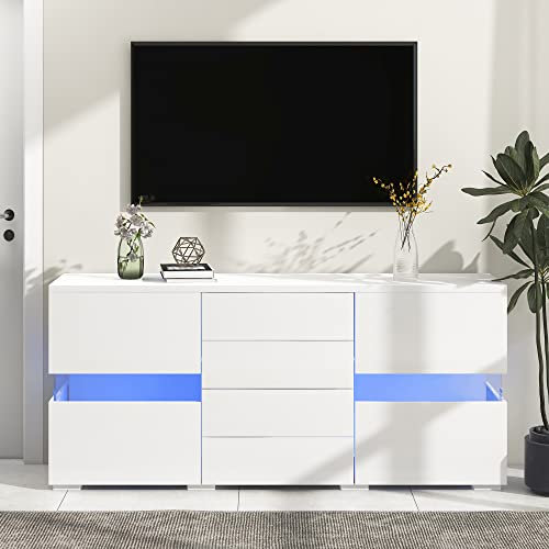 Sideboard Cabinet Matt & High Gloss White Sideboard with LED Lights, 2 Glass Doors 3 Drawers Storage Cabinet, Push-to-Open, Modern Buffet Unit for Living Room, Dining Room, 140x72x35cm