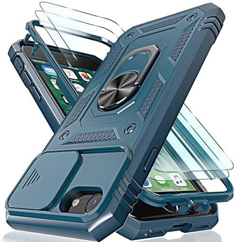 HpulaCase for iPhone SE 2022 / SE 2020, iPhone 8 & iPhone 7 Case with Camera Cover Slider, 2*Screen Protectors,Build in 360°Rotating Ring Kickstand, Military Grade Protective Case for iphone 8-Blue