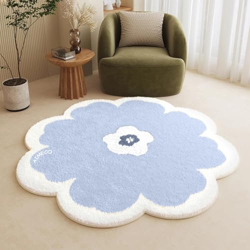 AIMECO Blaue Blumen Motiv Kinderteppich Rund 100CM Weicher Kuscheliger Carpet Wohnzimmer Teppichen Mädchen Schlafzimmer Kinderzimmer Dünn Pflegeleicht Teppiche