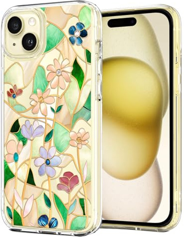 Unov Hülle für iPhone 15, Handyhülle Klar mit Motiv, Glasmalerei Blumen | Transparente Schlank Guter Halt, Rutschfest Prägung Muster, Stoßfest Schützende, Erhöhter Kameraschutz, Kratzfest Weich TPU