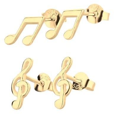 FIVE-D 2er Set Ohrringe Notenschlüssel und Musiknote 925 Silber (Gold-2er Set)