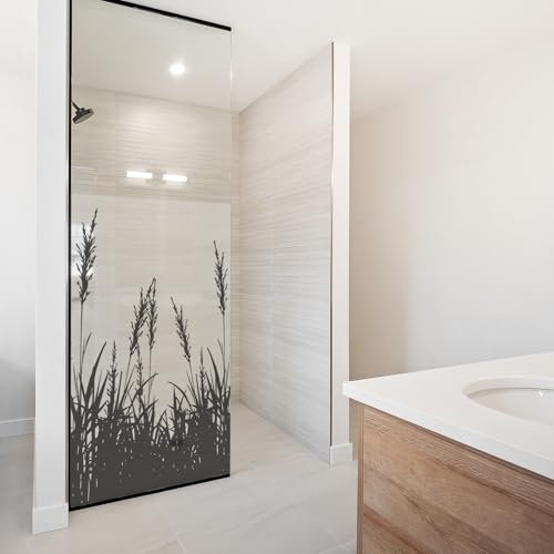 yabaduu Sichtschutzfolie für Duschkabine Duschglastüre Fensterfolie Blickdicht Milchglasfolie wasserfest Deko Klebefolie Badezimmer Dusche selbstklebend YX001 (11 Gräser Schwarz, 80 x 120cm)