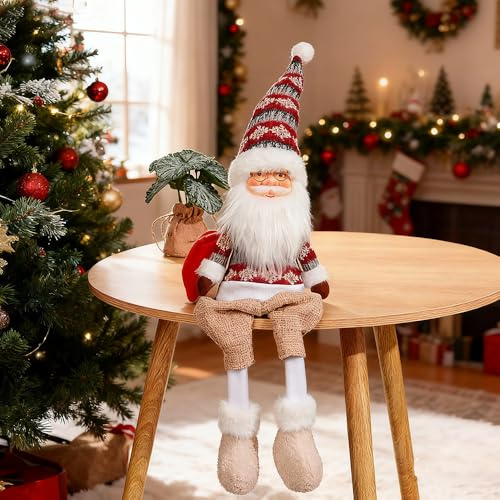 Dedrian11 Weihnachtsmann Regalsitzer Deko 60 cm – Lange baumelnde Beine, formbar, Strickpullover, beschwerter Boden