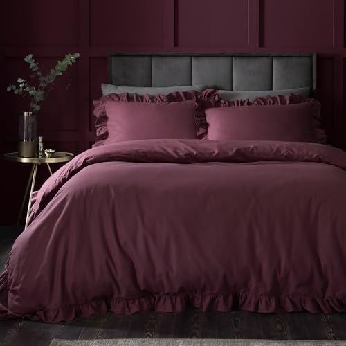 Appletree Hygge Cotton Duvet Cover Set, King Size 230x220cm, Berry, 100% Cotton, 144 Thread Count, Plain with Frilled Border, 2 Pillowcases