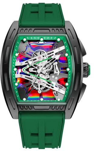 findtime Herren Armbanduhr Tonneau Ausgehöhlte Design Analoge Quarz Uhren Mechanische Uhr Großes Buntes Zifferblatt 5ATM Wasserdicht Leuchtend Militäruhren Leicht Silikon Armband Schwarz
