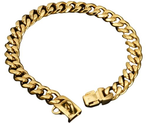 Hundehalsband aus Metall, Goldketten-Hundehalsband mit sicherem Verschluss, 19 mm breite Halsbänder im kubanischen Stil für große Hunde, 24-Zoll-Goldkette