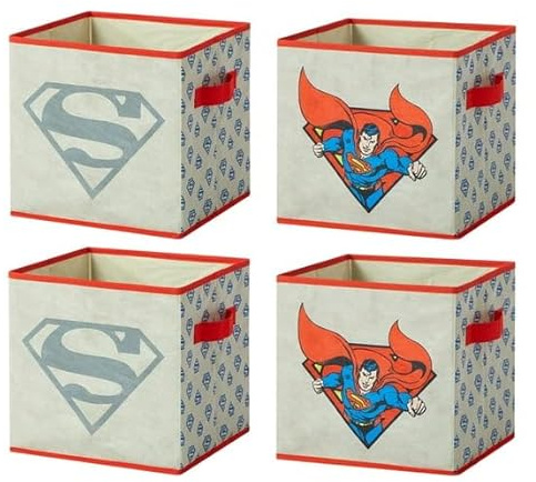 Superman Kids Storage Cubes, 4 Pack Foldable Fabric Bins with Handles, Collapsible Organizer Boxes for Bedroom, Playroom & Nursery, Durable Kids Storage Solution