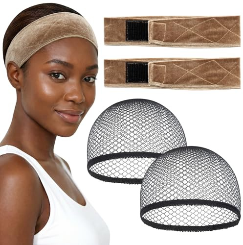 Kiiwah Perückenband Rutschfest mit Wig Cap, Elastisches Perückengriff Verstellbare Samt Wig Grip Band, Perücken Zubehör für Damen, 4 Stück (Braun)