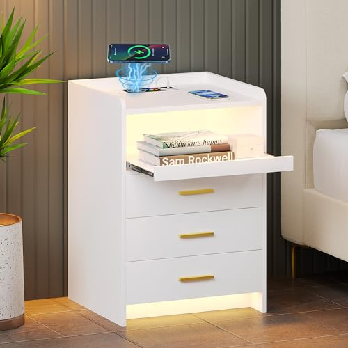 TAGELIER Nachttisch mit Ladefunktion und Led-licht, Nachtschränkchen mit 3 Schubladen, Moderner Nachttische mit Stauraum für Schlafzimmer und Wohnzimmer, Weiß