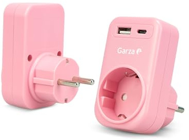 Garza – 3-in-1-Steckdosenadapter mit 1 Schuko-Anschluss + 1 USB-A QC3.0 + 1 USB-C PD20W, Schnellladung 20 W, Kindersicherung, 3680 W, tragbar und sicher – Rosa