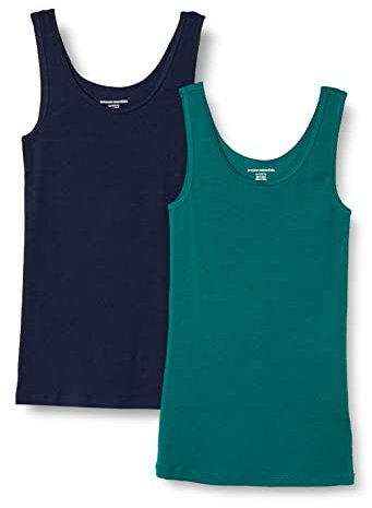 Amazon Essentials Camiseta de Tirantes de Ajuste Entallado Mujer, Pack de 2, Azul Marino/Verde Oscuro, L