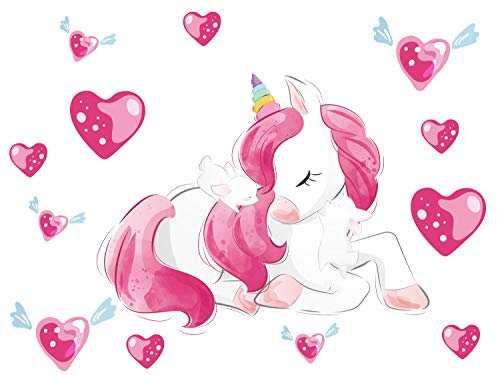 GRAZDesign Wandtattoo Einhorn Mädchen Kinderzimmer | Einhorn Geschenke für Mädchen | Wandsticker Mädchenzimmer, Deko selbstklebend, Aquarell Farben, Größe 40x57cm, Herzen