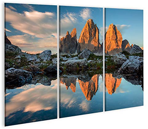 bilderfelix® Bild auf Leinwand DREI Zinnen oder TRE Cime di Lavaredo mit Reflexion im See bei Sonnenuntergang, Dolomiten, Südtirol, italienische Alpen, Europa Wandbild Poster Leinwandbild ULZ