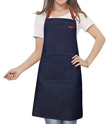 MaoXinTek Delantal Cocina Demin Jean de Trabajo para Hombre y Mujer Camarero, Delantales justable con Bolsillos para Herramientas para Cocinar Cocina, Jardín, Restaurante, Cafetería, Azul Vaquero