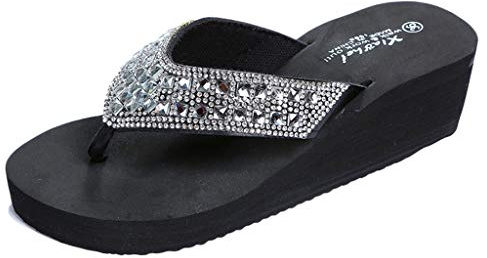 Pantoufles Mode Été Femmes Strass Compensées Tongs Chaussures de Plage Décontractées