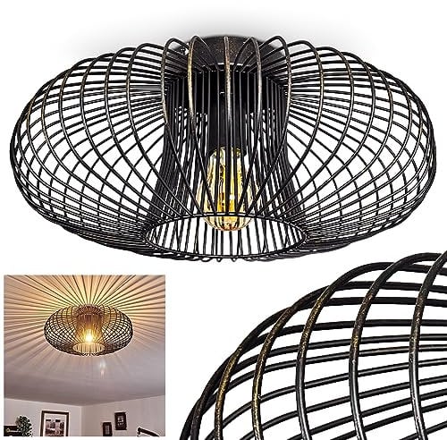 HOFSTEIN Deckenleuchte Wemude, runde Deckenlampe Wohnzimmer Schlafzimmer - Moderne Lampe, Retro-Look, Schwarz-Gold, 1-flammig, E27-Fassung, Durchmesser: 40 cm, Gitteroptik für Spannenden Lichteffekt