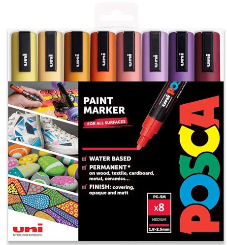 Posca PC-5M - Rotuladores de pintura artística - 1.8-2.5 mm - Juego de 8 tonos de puesta de sol en caja de regalo