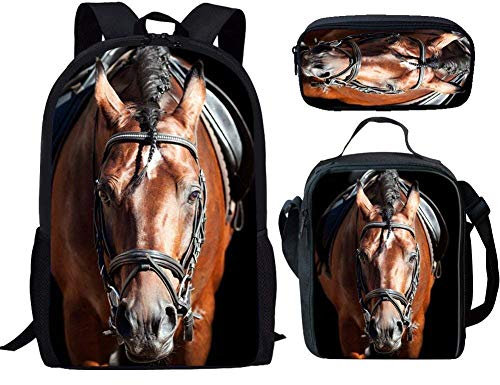 Biyejit Kinder-Schulrucksack-Set mit Lunch-Behälter, Federmäppchen für Jungen und Mädchen, 3-teilig, pferd, Einheitsgröße