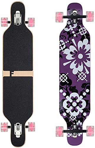 Flex2 bis 84kg - Camber Longboard (Flex2 bis 84kg, lila Blume LED - Ahornholz)