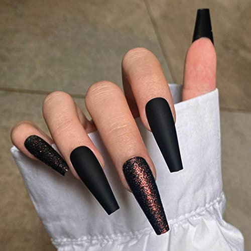 Handcess Halloween Coffin False Nails Black Matte Ballerina Press on Nails Extra Long Full Cover Fake Nail Flash Stick on Nails for Women and Girls(24Pcs)