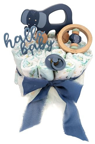 Elfenstall Windeltorte Pamperstorte mit Kuchentopper als Geschenk zur Geburt oder Taufe auf Wunsch mit Namen des Babys (Elefant Trixie)