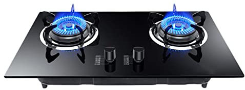 Plaque de Cuisson à Gaz 2 Brûleurs en Verre Trempé Noir - Table de Cuisson Facile à Nettoyer pour Comptoir, Maison, Cuisine, Appartements et Extérieur