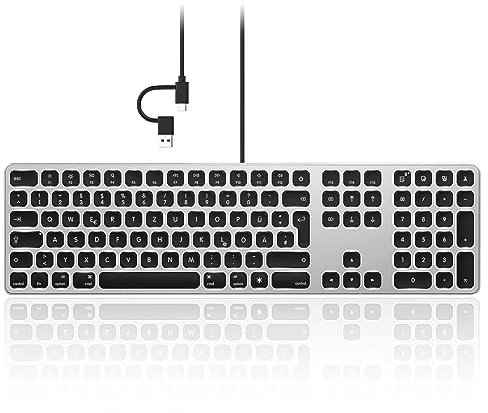 seenda Kabelgebundene Beleuchtete Mac Tastatur, Mac Tastatur mit Kabel (USB&Type C) und Beleuchtung für Mac OS/iOS,Apple iMac, MacBook Pro/Air, Mini, Wired Keyboard, DE Layout, Schwarz&Grau