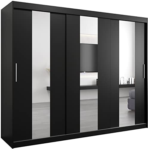 MEBLE KRYSPOL Pole 250 Schlafzimmerschrank mit DREI Schiebetüren, Spiegel, Kleiderstange und Regalen – 250x200x62cm - Mattschwarz