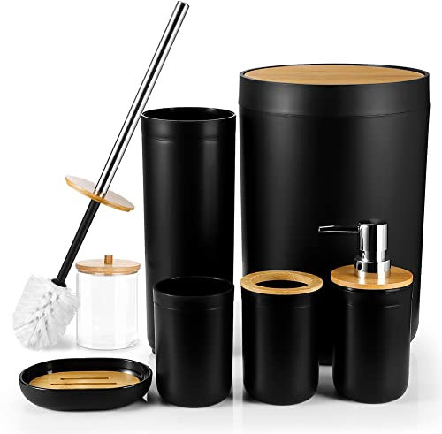 JOTOM 7-teiliges Bambus-Badezimmer-Zubehör-Set aus luxuriösem Kunststoff, Badzubehör-Set, Zahnbürstenhalter, Becher, WC-Bürste, Qtip Halter, Seifenschale, Mülleimer, Seifenspender (schwarz)