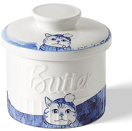 Toptier Butter Crock for Counter With Water Line, On Demand Spreadable Butter, Ceramic Butter Keeper to Leave On Counter, French Butter Dish with Lid, (Little Winter Cat)