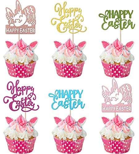 24 Stück Happy Easter Tortendeko, Glitter Kaninchen Ostern Bunny Kuchen Deko Cupcake Picks Bunny für Easter Thema Kinder Geburtstag Cake Dekorationen Party Bunt