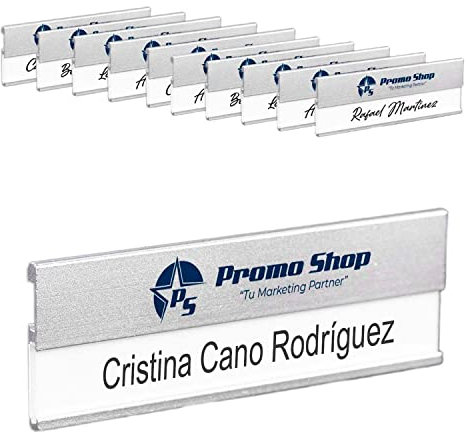 PROMO-SHOP - 10 Placas Identificativas Personalizadas de Aluminio con Pinza de Enganche Trasera, Impresión UV, Chapa Identificativa Trabajo, Identificadores Personales para Ferias y Seminarios