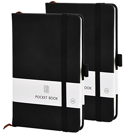 2 Stück Notizbuch A6 Pocket Notizbuch Kunstleder Liniertes Notizbuch mit Premium Dickes Papier Notizbuch Klein mit Lesezeichen, Stiftschlaufe Notizbuch Fester Einband für Schule Arbeit, Schwarz