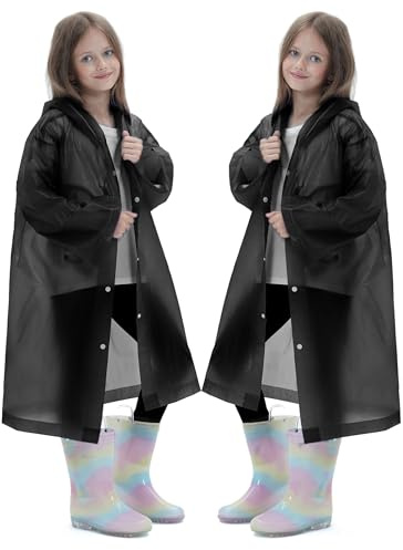 Borogo 2 Pack Raincoats for Kids, Reusable Rain Ponchos with Hood and Sleeves Rain Coats for Boys and Girls Black