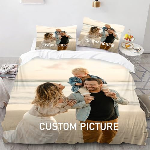 SMchwbc Personalisierte Bettwäsche Mit Eigenem Foto Name, Individuelles Bettwäsche Personalisiert Mit Namen, Personalisierter Bettbezug Mikrofaser Und Kissen Für Familie (135 x 200 cm,1)