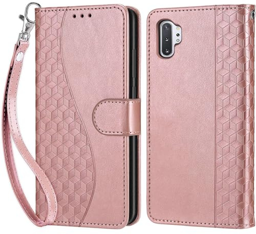 Handyhülle für Samsung Galaxy Note 10 Plus Hülle, Roségold | PU Leder Flip, Klappbar, Stoßfest, Magnetisch, Standfunktion, Kartenfächer, Retro Design, Handgelenkband