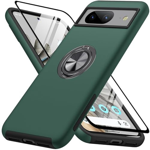 AOUIA für Google Pixel 8 Hülle mit 1 Stück Hartglas Schutzfolie,[Stoßfest][Kratzfest], Unsichtbarem Ringhalter Ständer, Stoßdämpfende Fallschutz Schutzhülle für Google Pixel 8 (Dunkelgrün)