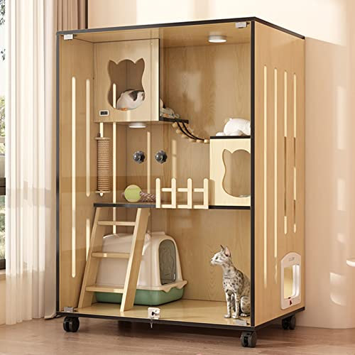 Katzengehege aus Holz für den Innenbereich, großes Katzenhaus aus Holz für den Innen- und Außenbereich, geschlossene Katzenkäfige mit Mehreren Funktionen, Fluchttüren und Rollen, geeignet fü