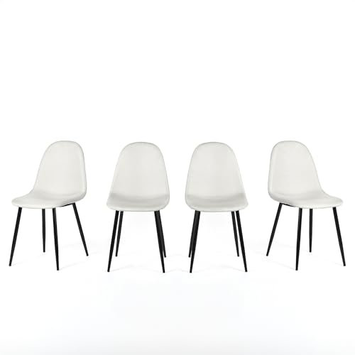 Homy Casa Juego de 4 sillas de comedor de tela de lino con patas de metal negro, sillas laterales escandinavas para cocina, comedor, sala de estar, dormitorio, asiento, blanco, beige