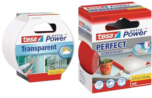 tesa Reparaturband extra Power, transparent, 10m x 50mm & extra Power Perfect Gewebeband - Gewebeverstärktes Ductape zum Basteln