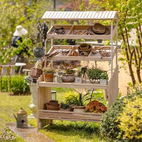 Wooden Garden Potting Table Workstation with 2 Tier Display Rack/Storage Shelf on Wheels - Potting Bench Table