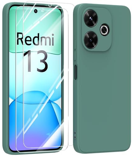 MIKULLE Funda para Xiaomi Redmi 13 4G con Cristal Templado Protector de Pantalla,Ultra Slim Protectora Anti-Choques Carcasa de Silicona Líquida TPU Suave Case Cover - Verde Oscuro